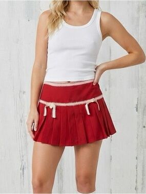 Y2K Forever 21 Red Pleated Mini Skirt Bow Trim Coquette Balletcore Size M